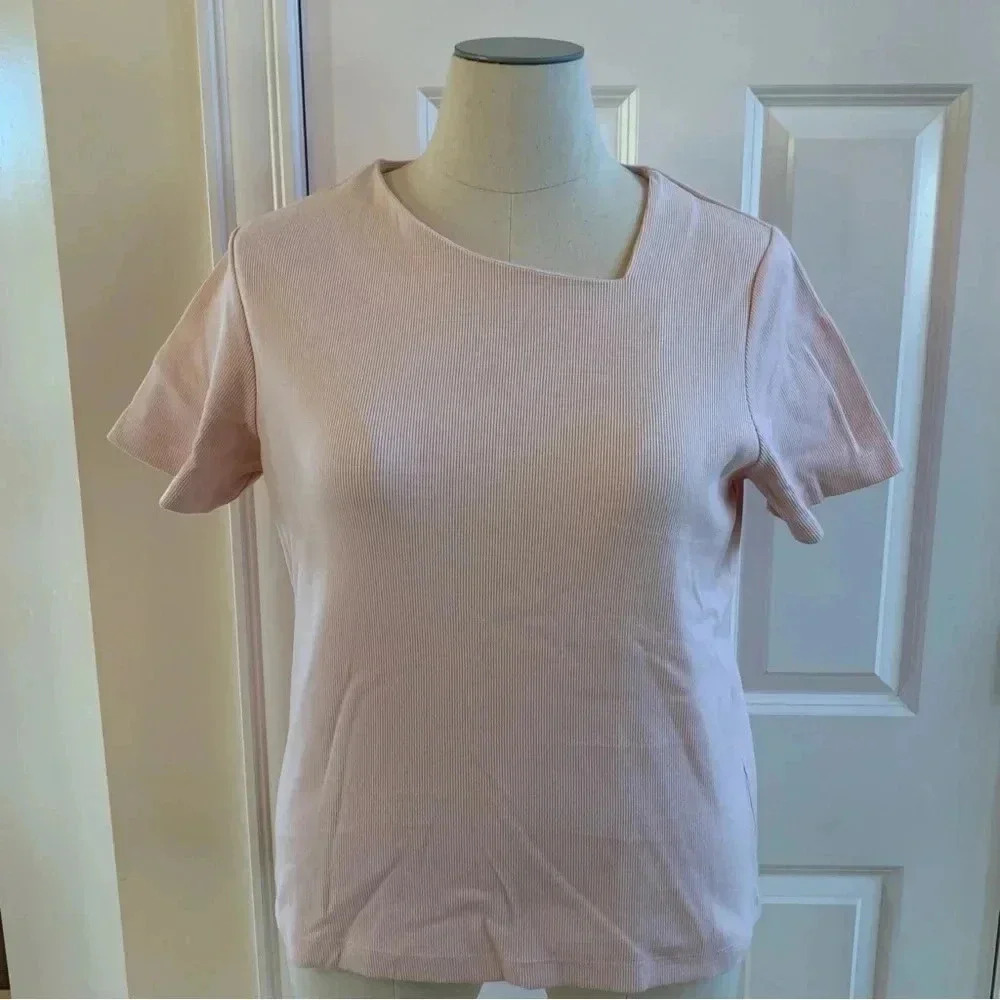 ORVIS T-shirt Asymmetric Neck Shirt Womens Large Short Sleeve Lt Pink Ribbed